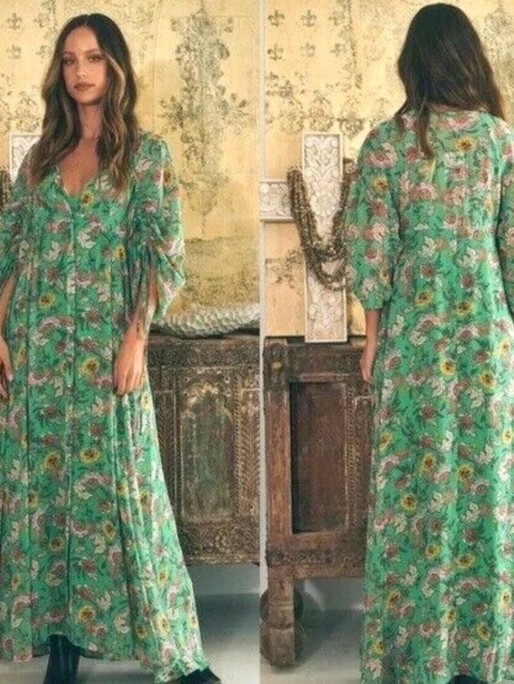 Free People Green Floral Print Long Sleeve Maxi Dress Button Front Size S.